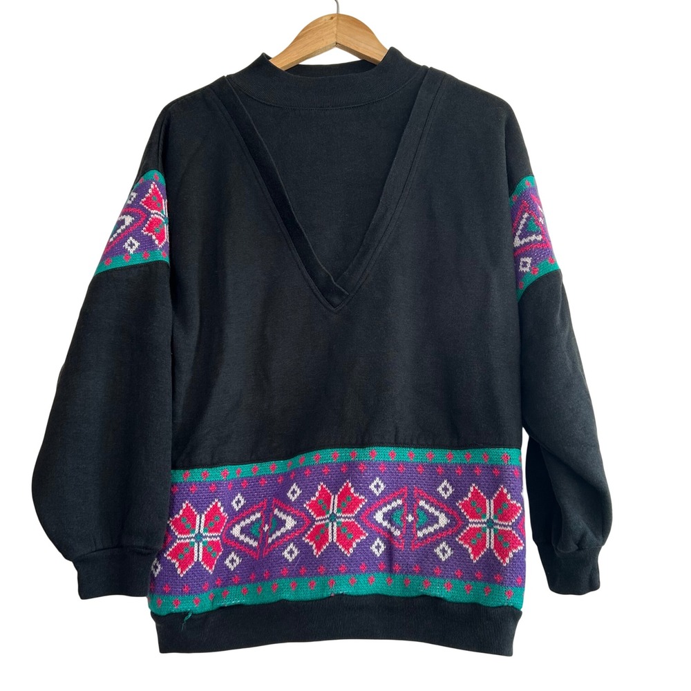 Vintage 90s Sweatshirt Black Geometric Knit Trim‎ Mock Neck M